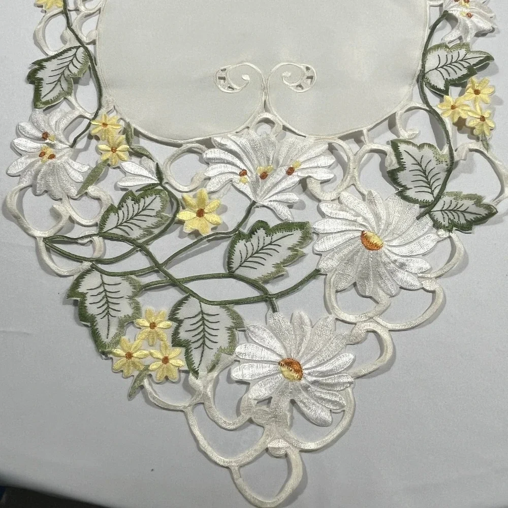 WMG Table Runner Home 57x14 White Yellow Green Embroidered Daisy Floral Lace